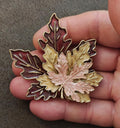 Tri Layered Gold Tone Multi Colored Handpainted Enamel Maple Leaf Brooch