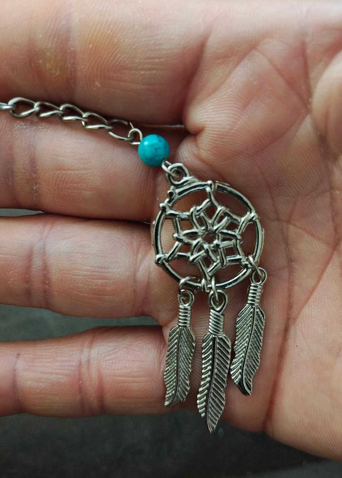 1990s Vintage Silver Tone With Faux Turquoise Bead Dreamcatcher Keychain