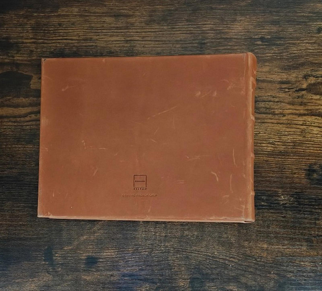 Brown genuine French calf leather photo album cover with embossed logo panel