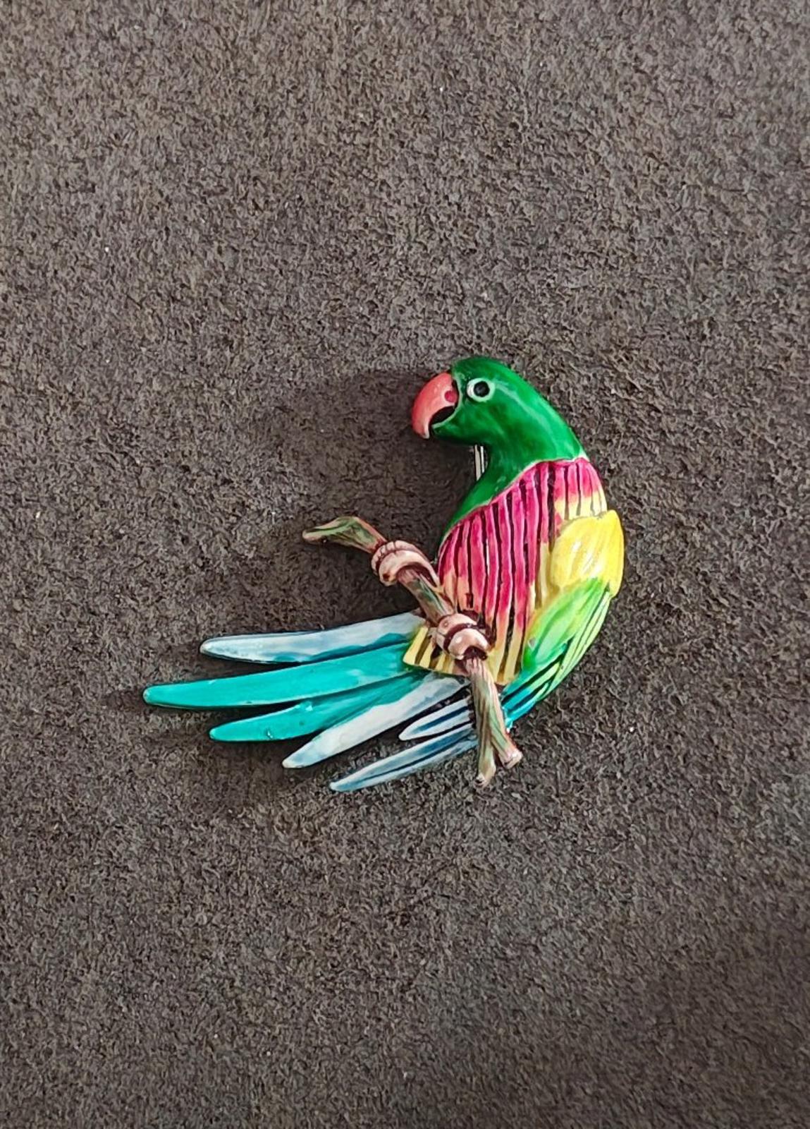 1980s Vintage Hand-Painted Enamel Parrot Sitting On Branch Silver Tone Brooch