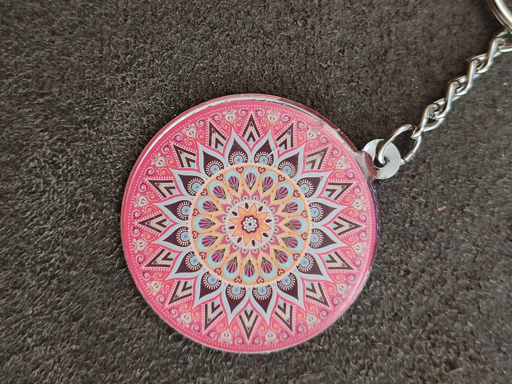 Silver Tone Pink Bohemian Mandala Art Keychain