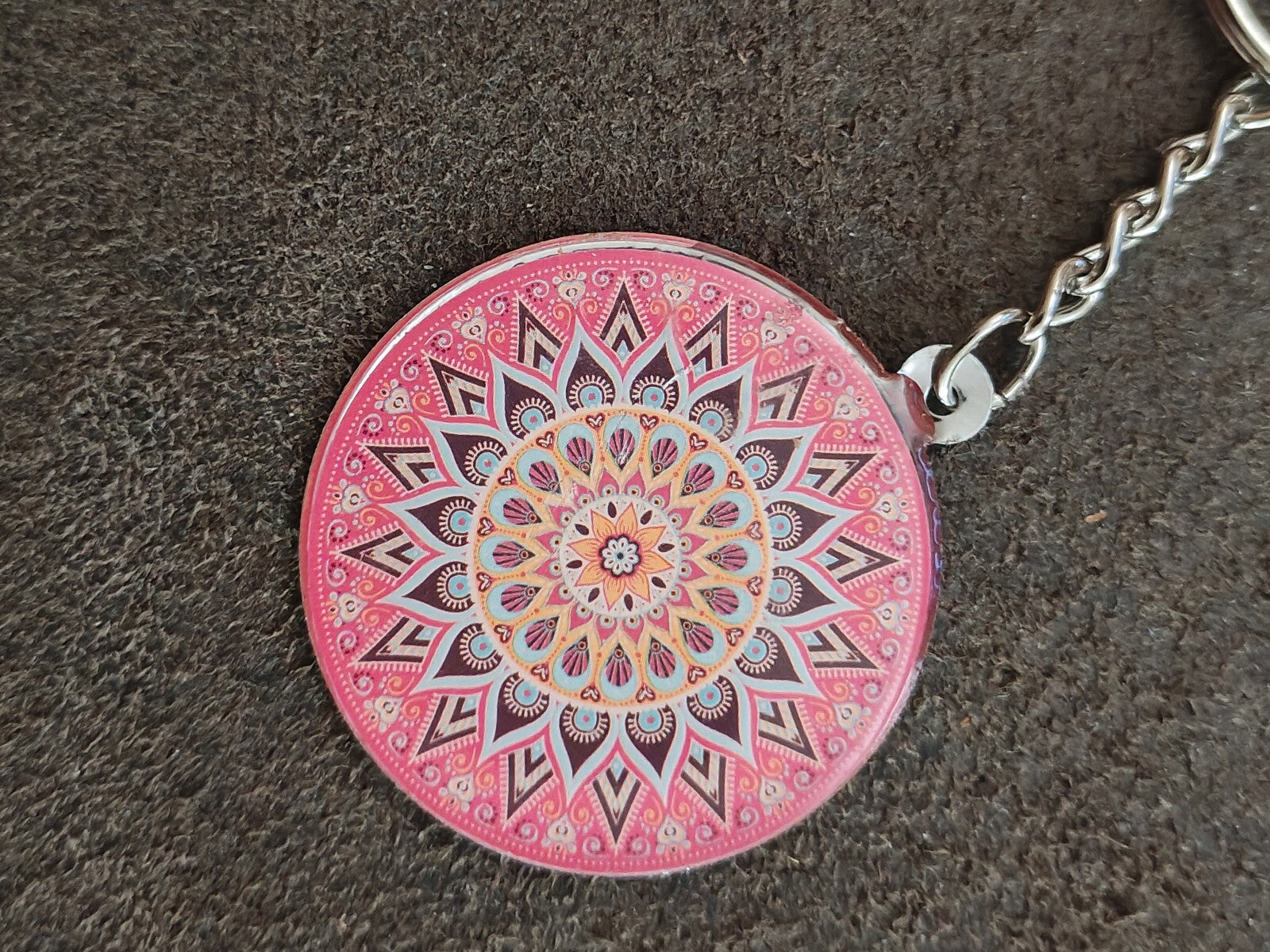 Silver Tone Pink Bohemian Mandala Art Keychain