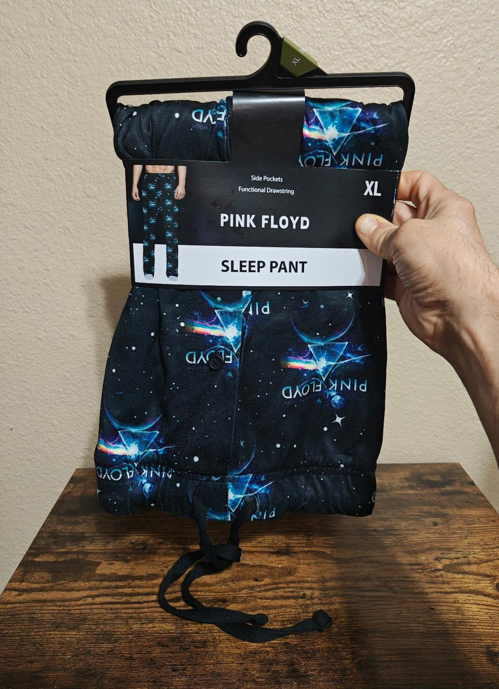 Black sleep pants with galaxy print on hanger, drawstring ties, XL