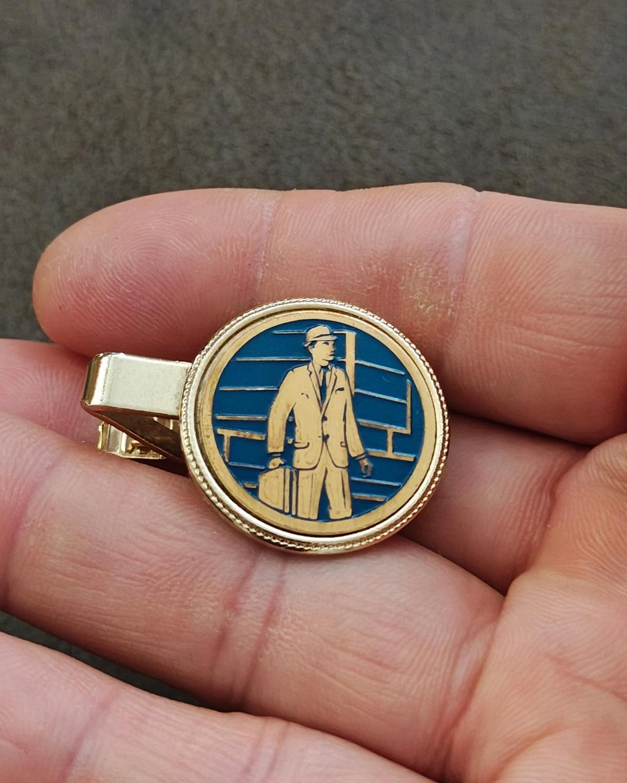 1950s/60s Rare Gold Tone Blue Enamel Man In a Suit Holding a Suitcase Tie Clip