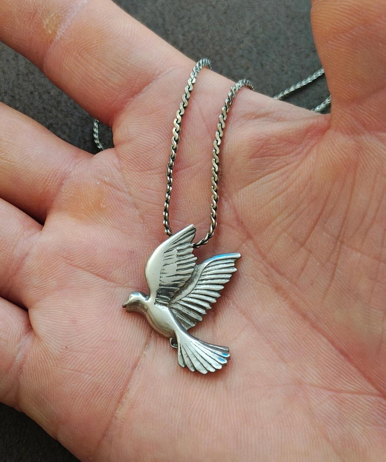 1980s Pewter Dove Pendant With Silver Tone Chain