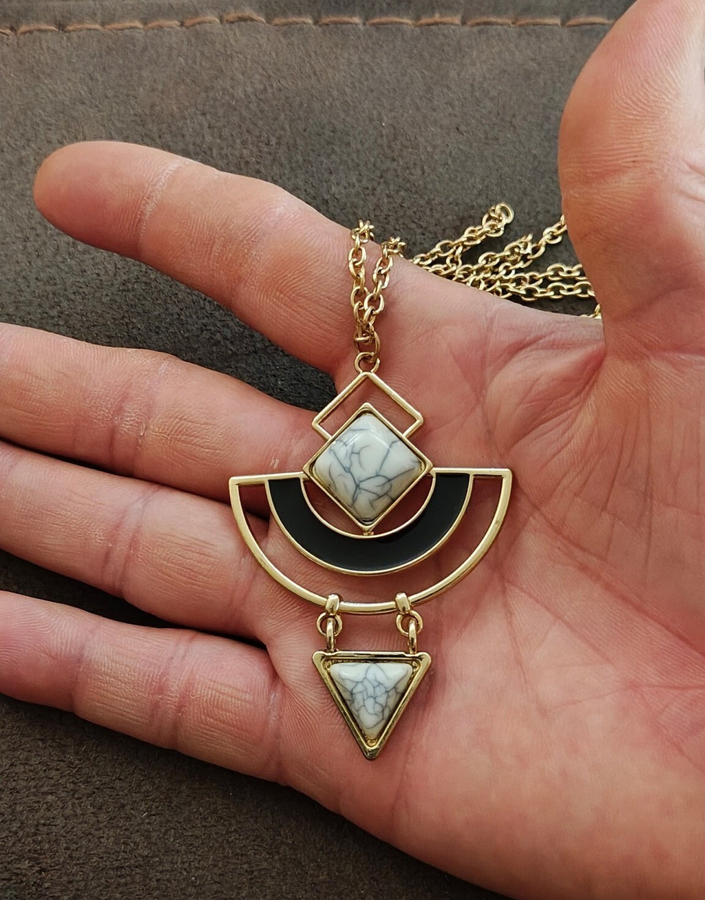 Modern Geometric Abstract Gemmed Gold Tone Pendant Necklace