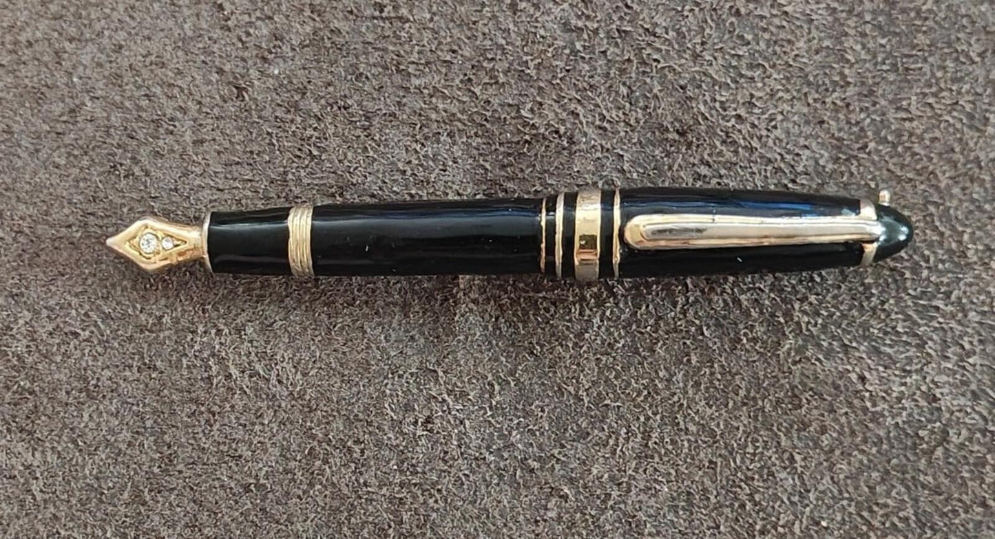 90s Vintage Gold Tone With Black Enamel & Clear Rhinestones Fountain Pen Brooch