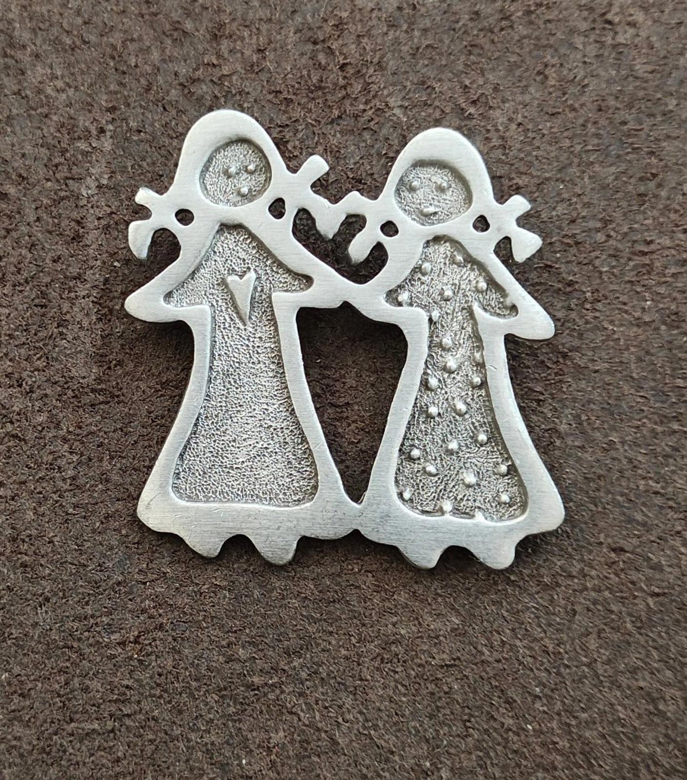 1990s Cynthia Webb "Kindred Spirits" Two Girls Holding Hands Pewter Pin