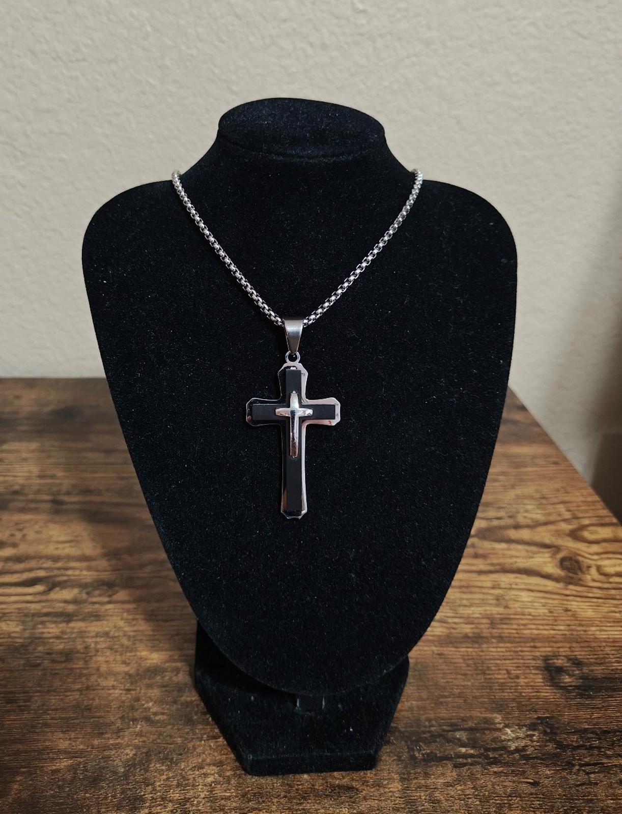 Black and Silver with 26" Silver Tone Chain Cross Pendant Necklace