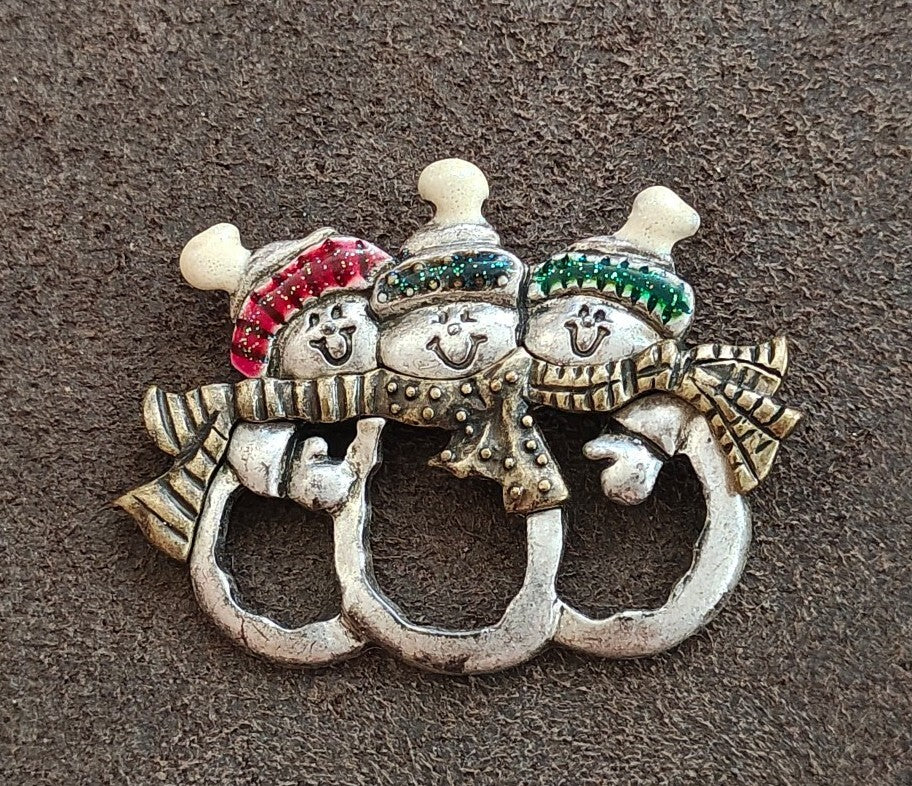 1980s Pewter Triple Snowman Holiday Brooch Pin