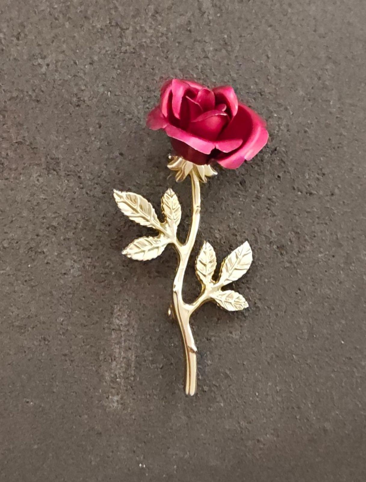 1980s Gold Tone Long Stem Textured Red Rose Brooch