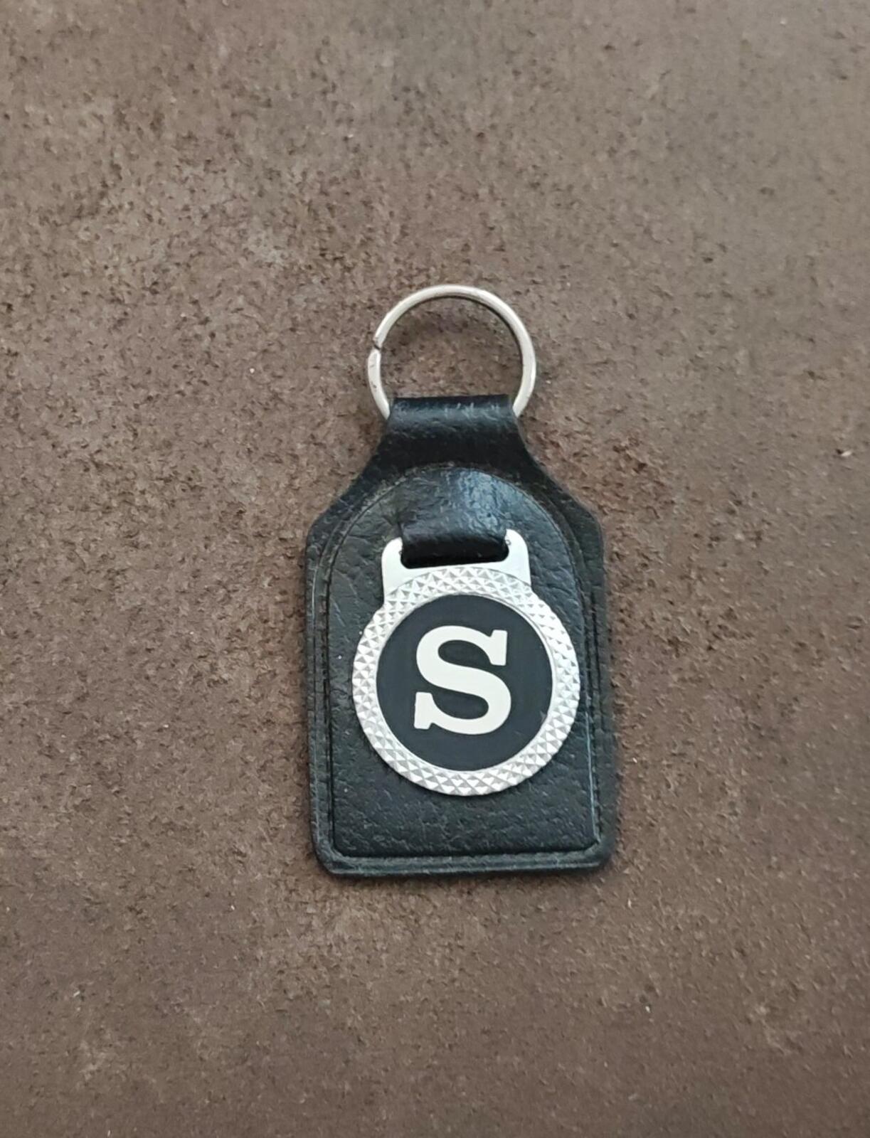 1970s Black Leather Stylized Initial Letter "S" Emblem Keychain/Key Fob