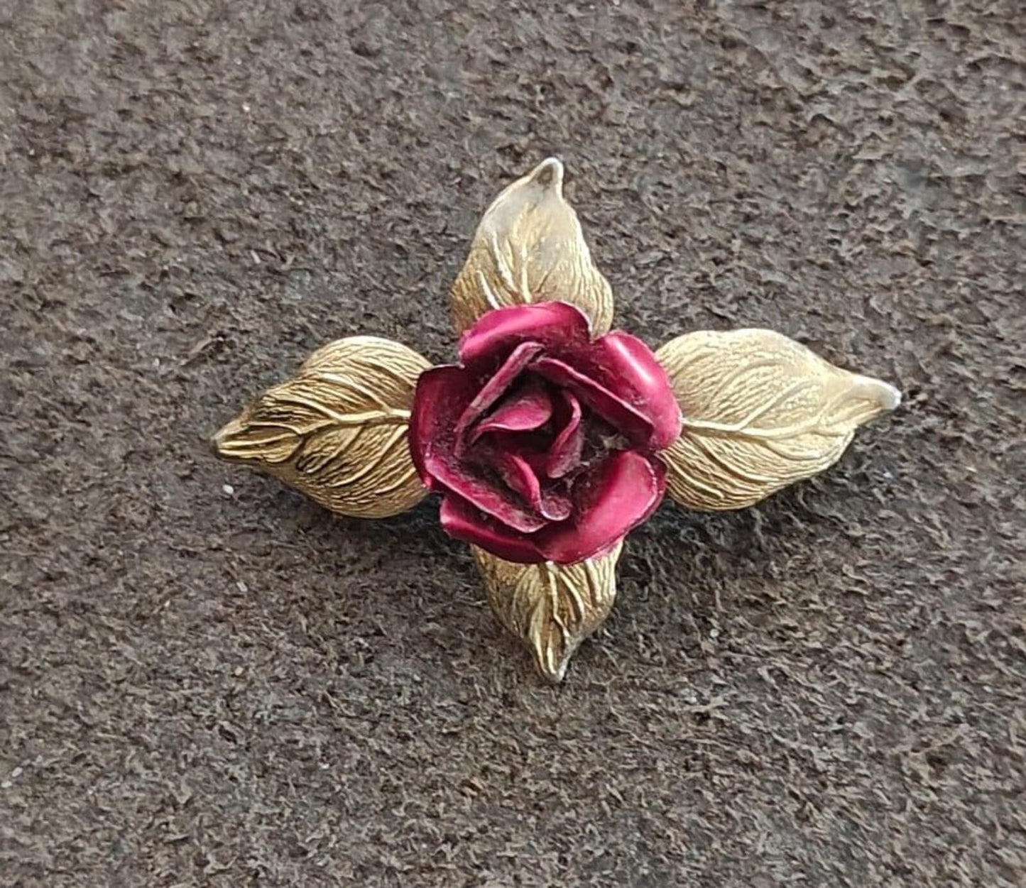 1970s/80s 3D Gold Tone Textured Red Enamel Rose Brooch