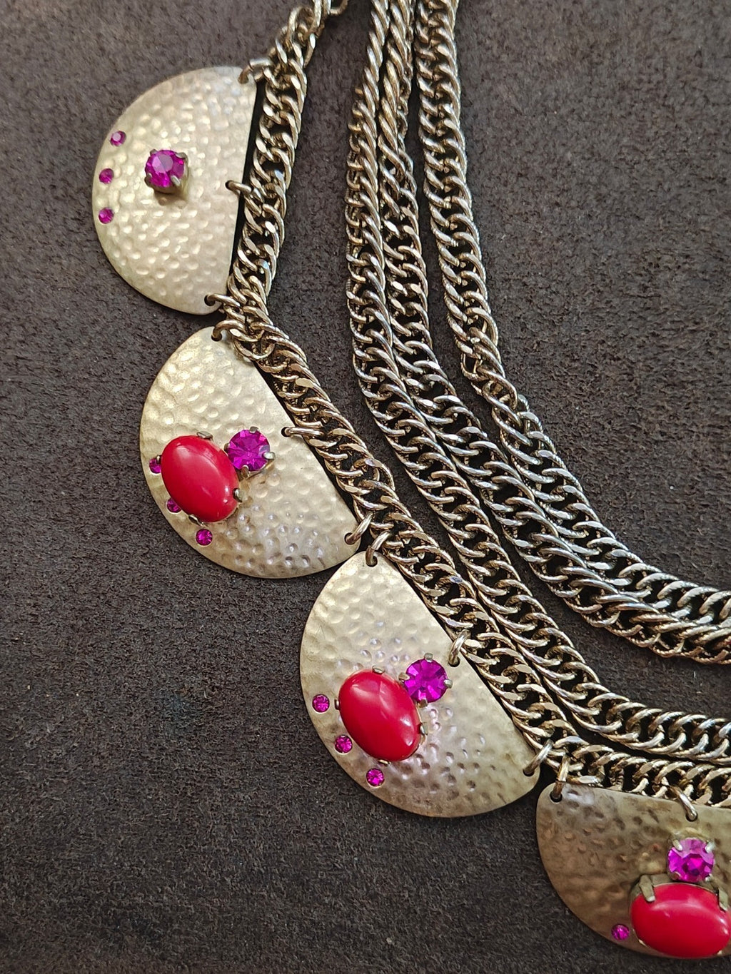 2000s Sequin Gold Tone Rhinestones & Red Stones Statement Necklace