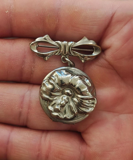 1930s Art Nouveau Silver Tone Flower Locket Brooch