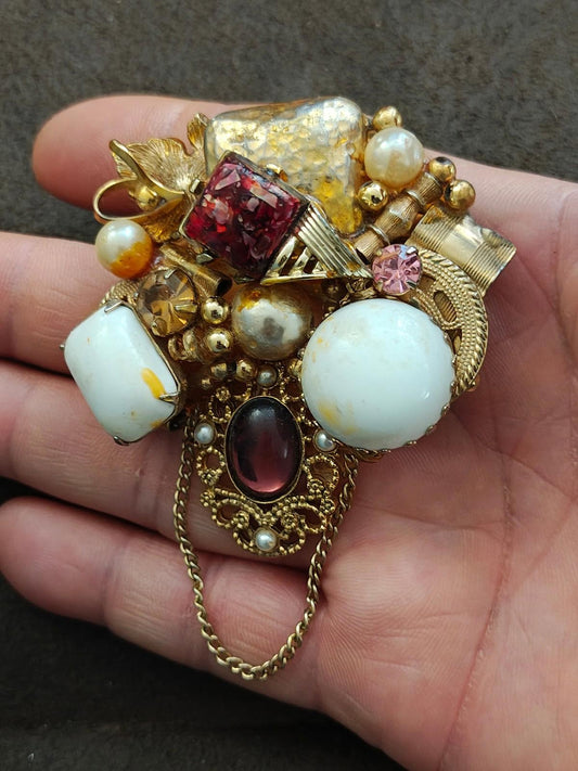 1980s Handmade Collage of  Beads Faux Pearls Etc. Gold Tone Brooch