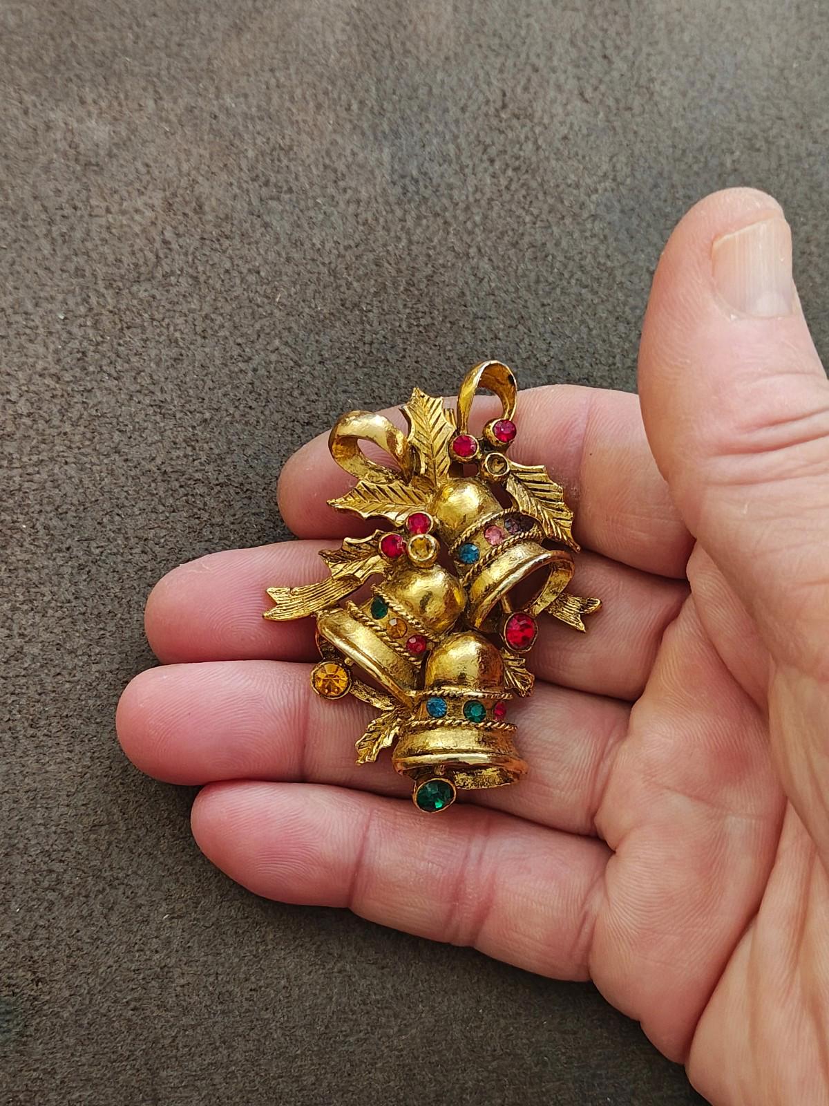 1970s Beatrix Gold Tone With Rhinestones Christmas Bell Brooch.
