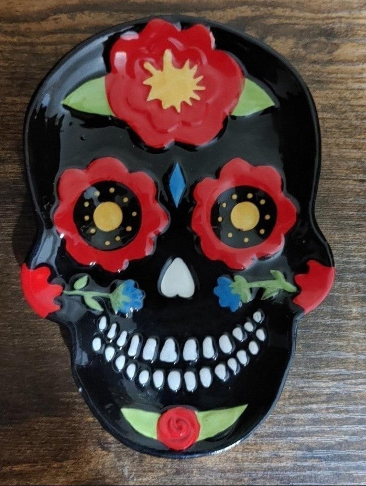 Single black sugar skull cat trinket plate with red and green flower details