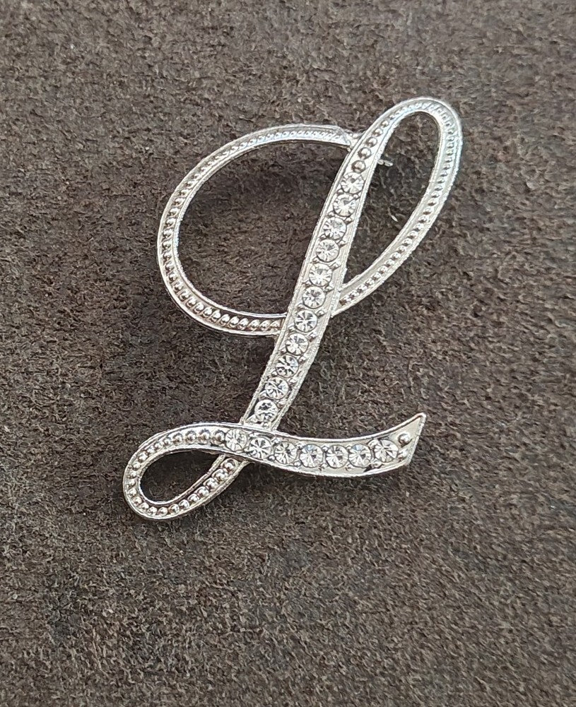 Silver Tone Monogram Initial "L" With Sparkling Clear Rhinestones Brooch