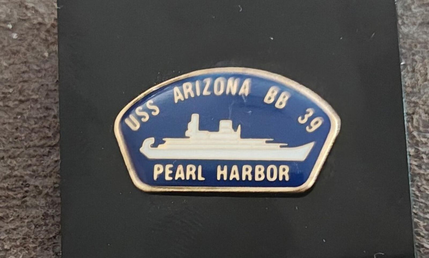 1990s  USS Arizona BB-39 Pearl Harbor Souvenir Gold Tone Blue Enamel  Pin
