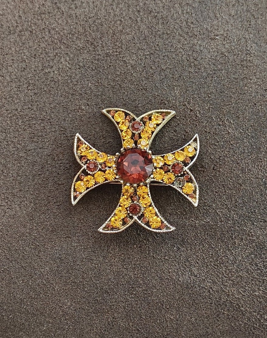 1950s/60s Gold Tone Maltese Cross Brooch & Pendant With Amber Rhinestones.
