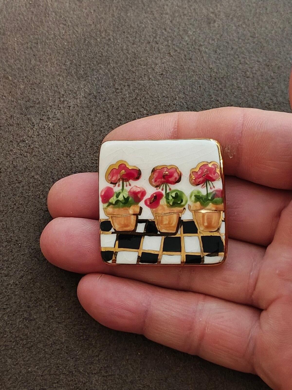 1990s Colorful Glazed Ceramic Flower Brooch