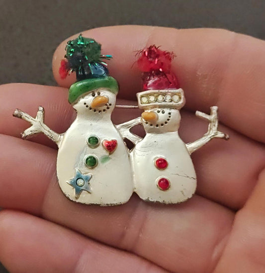 1980s Silver Tone With iridescent Rhinestones Two Snowman Enamel Brooch