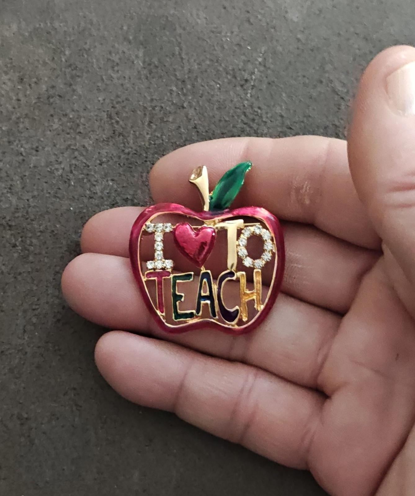 1980s "I Love To Teach" Apple Gold Tone With Rhinestones Enamel Brooch