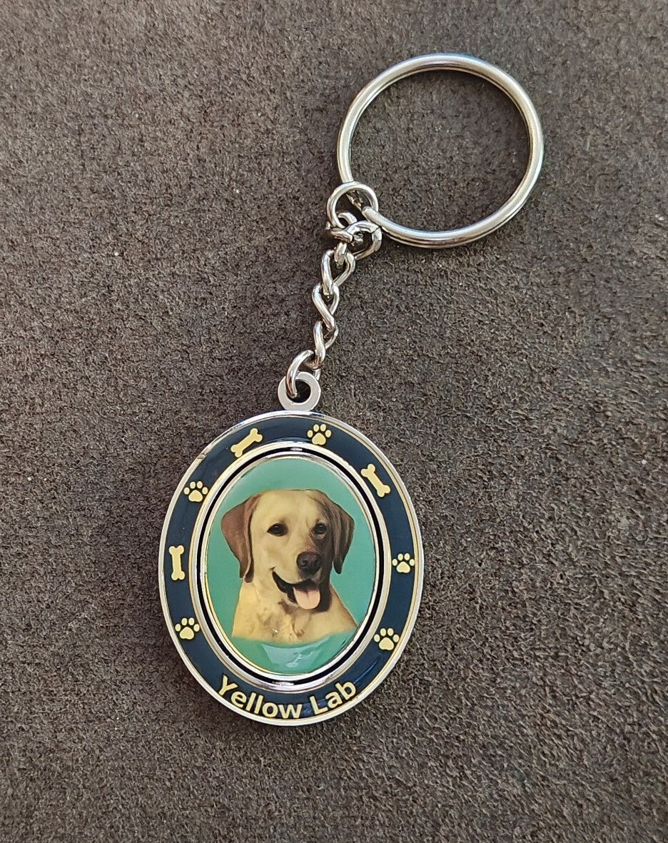 E&S Pets Double-Sided Spinning Yellow Lab Dog Breed Silver Tone Keychain.