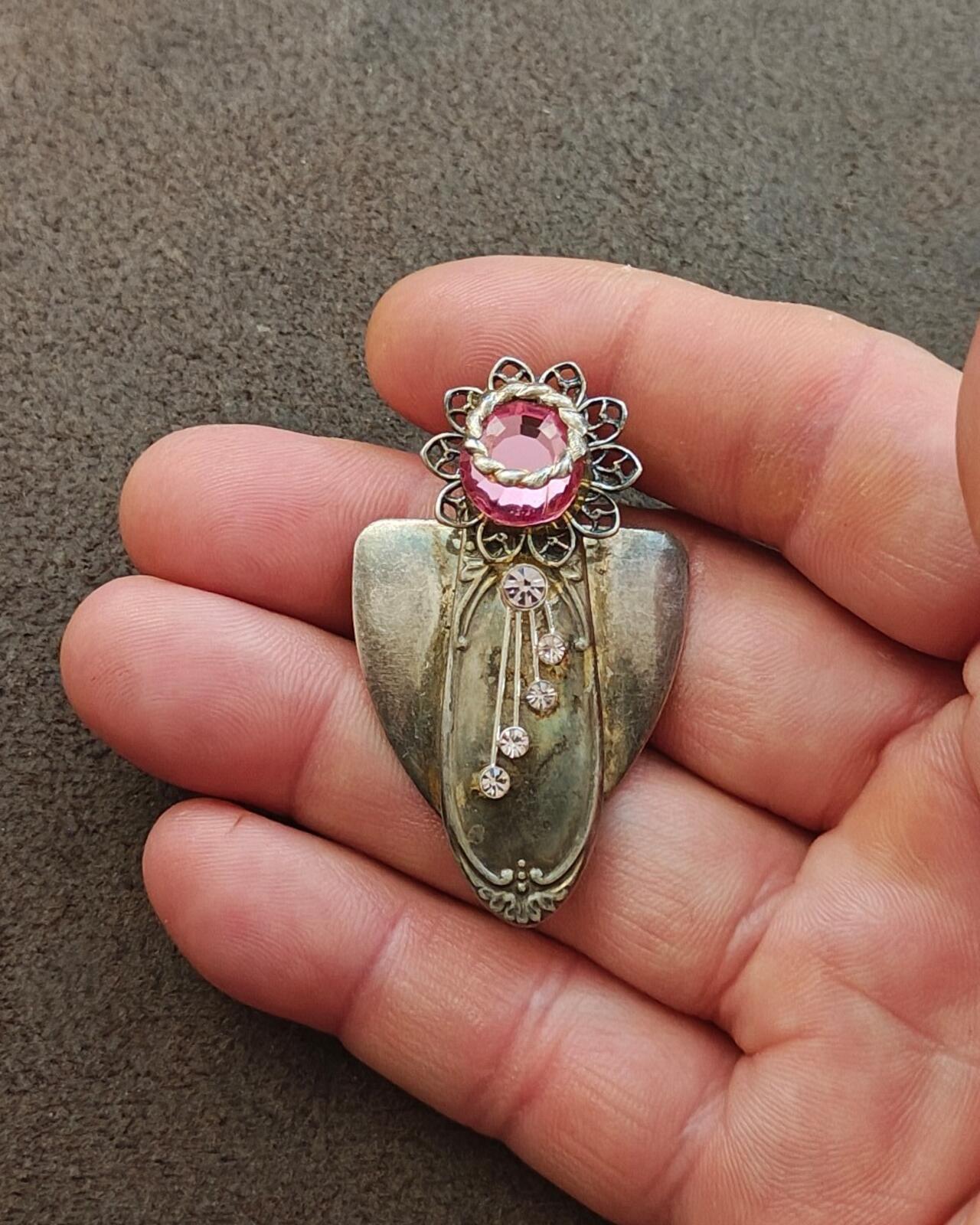 Unique Handcrafted Silver Tone Angel With Rhinestones Brooch