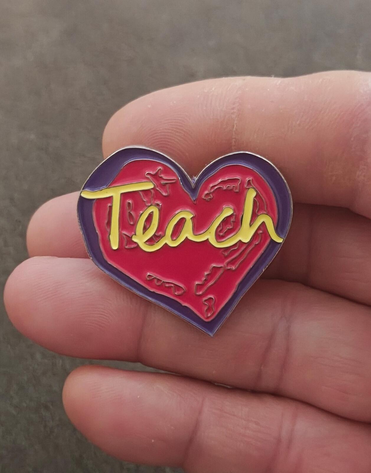 Penzeys "Teach" Heart Pin With Red, Purple & Yellow Enamel