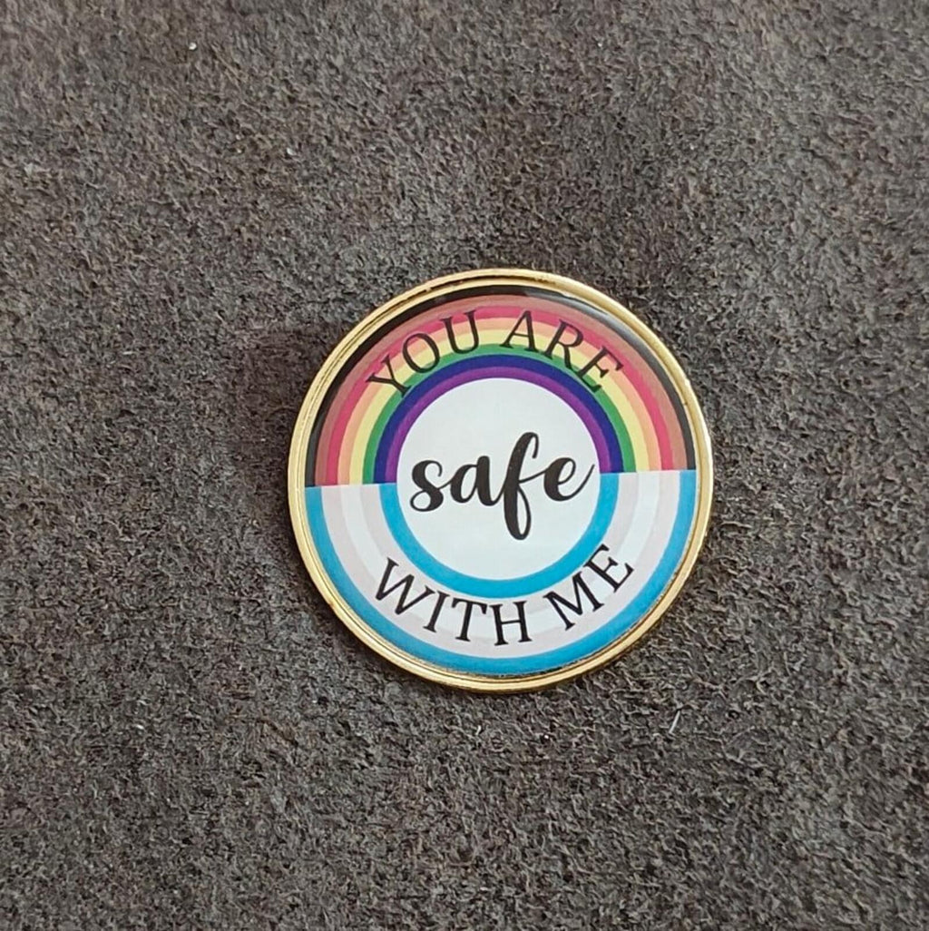 You Are Safe With Me LGBT Rainbow Pride Enamel Gold Tone Pin.