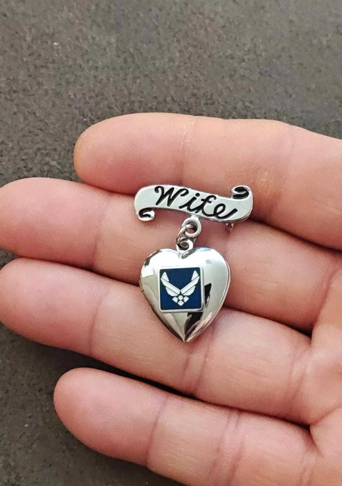 U.S. Air Force Wife Silver Tone With Blue & White Enamel Dangle Brooch Locket