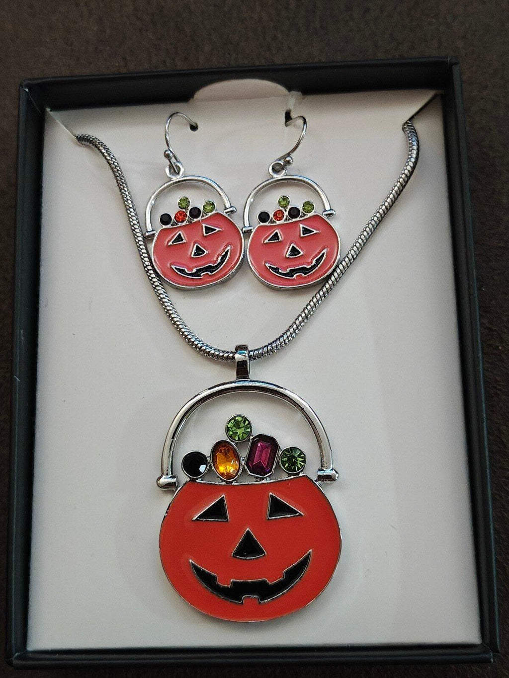 3 Pc Silver Tone Set Of Halloween Orange Jack-o-Lantern Earrings n Necklace