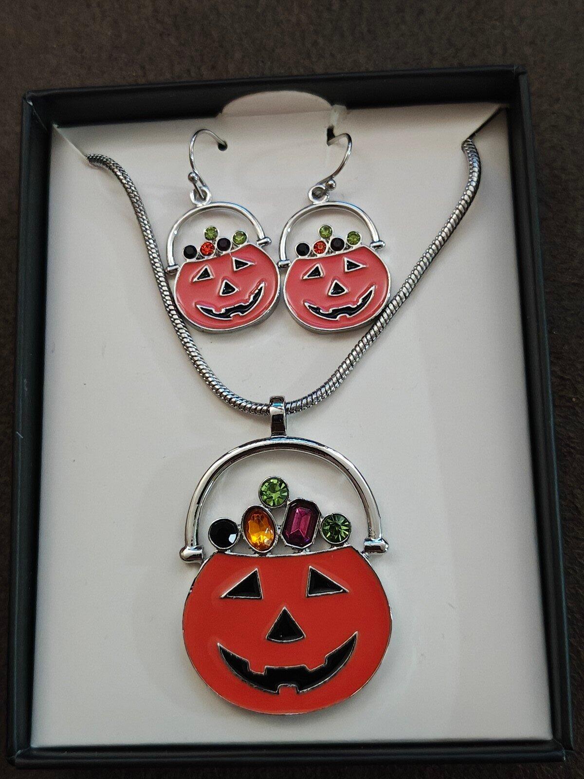 3 Pc Silver Tone Set Of Halloween Orange Jack-o-Lantern Earrings n Necklace