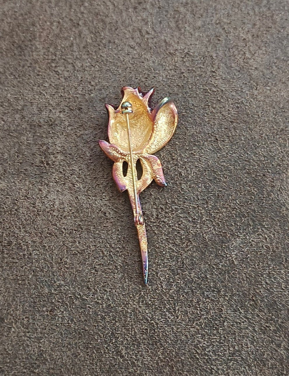 1980s Gold Tone Red Rose Brooch With Green Rhinestones Brooch Pin