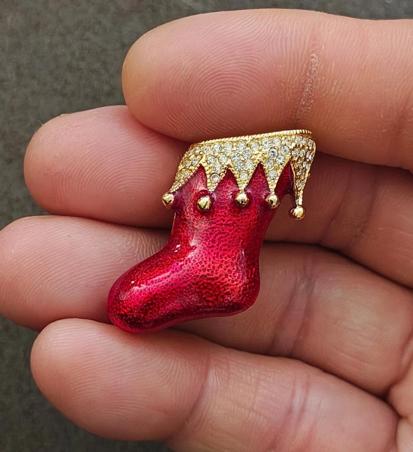 1990's Gold Tone Enamel With Crystal Rhinestones Santa Boot/Stocking Brooch