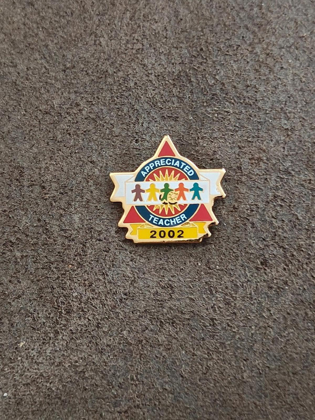 Teacher enamel pin on gray fabric: gold outline, blue banner, red and yellow accents, “2002”