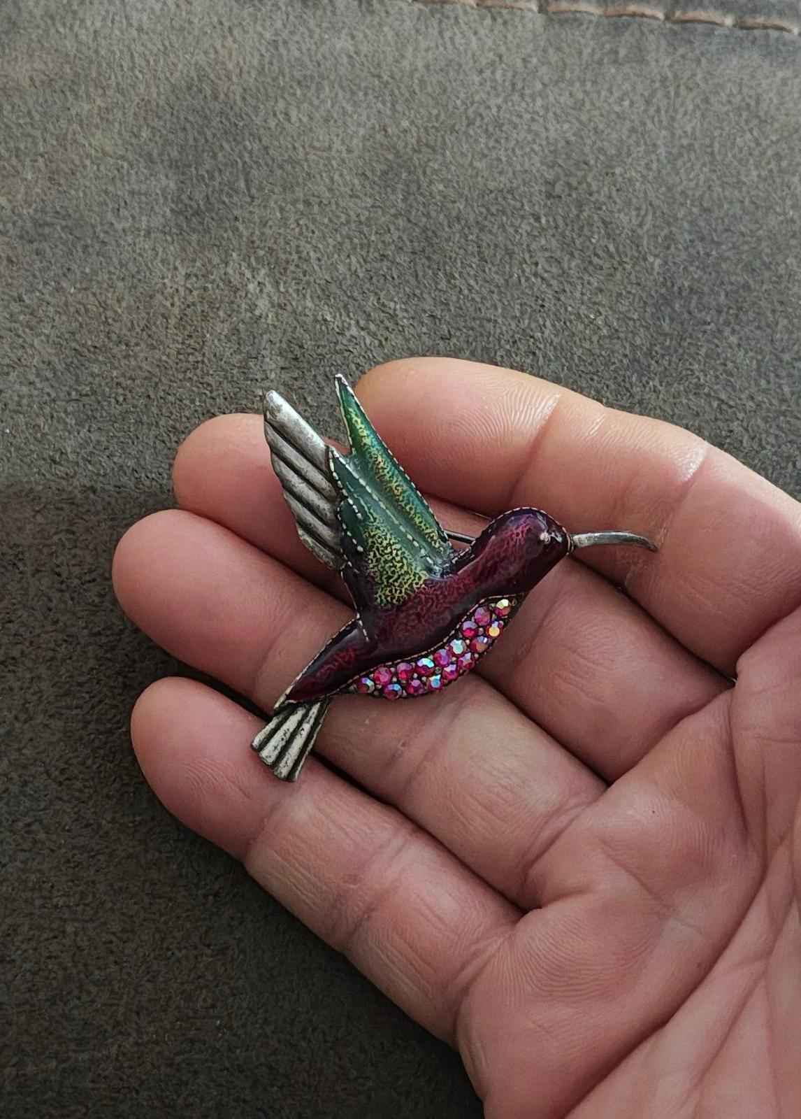 1980's Vintage Silver Tone With Rhinestones Enamel Hummingbird Brooch Pin
