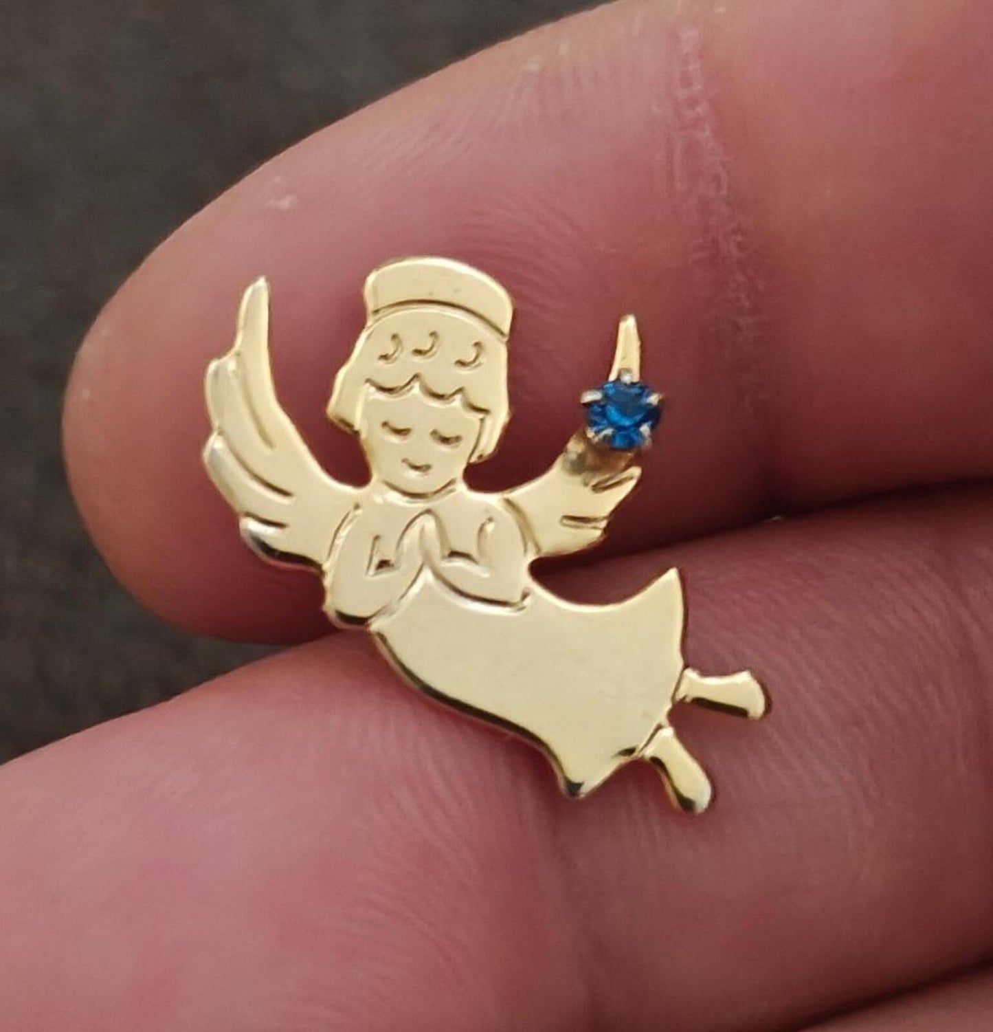 1980s Gold Told Guardian Angel With Small Blue Birthstone Rhinestone Pin