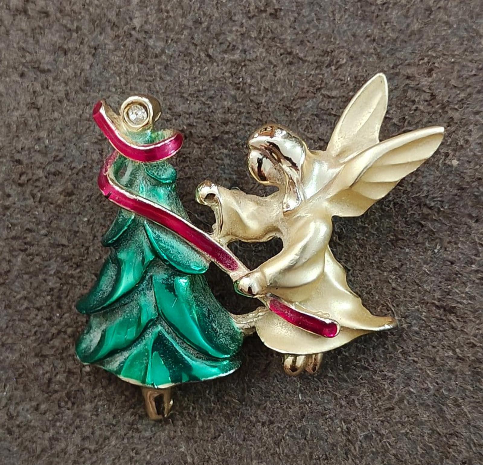 Enamel angel and Christmas tree brooch pin, gold-tone wings, green dress, red enamel details