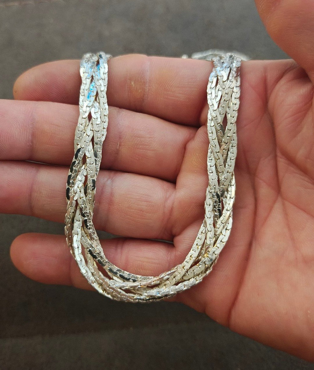 1980s Silver Tone Multi Strand Braided Herringbone Necklace