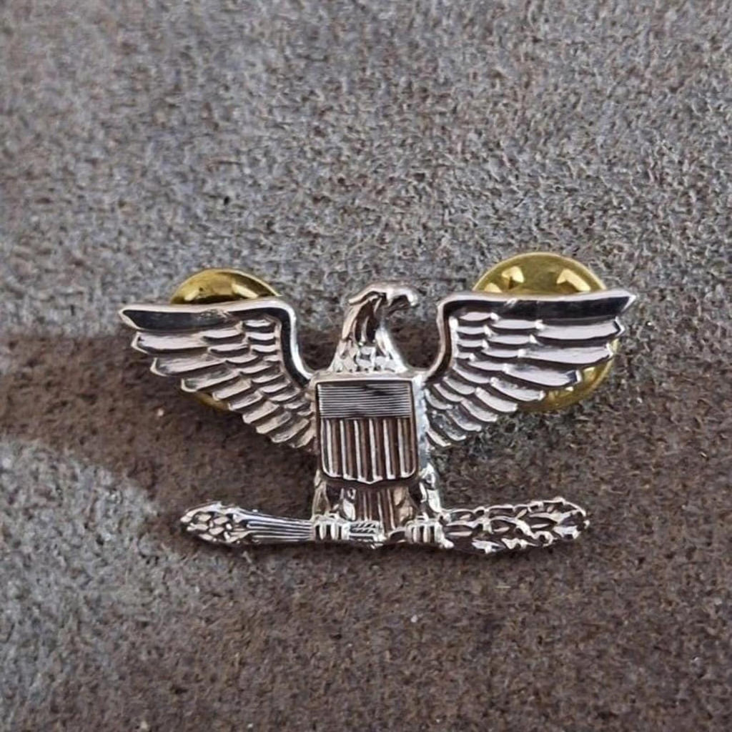 Eagle rank pin with detailed wings, central shield, and gold-toned cap sections