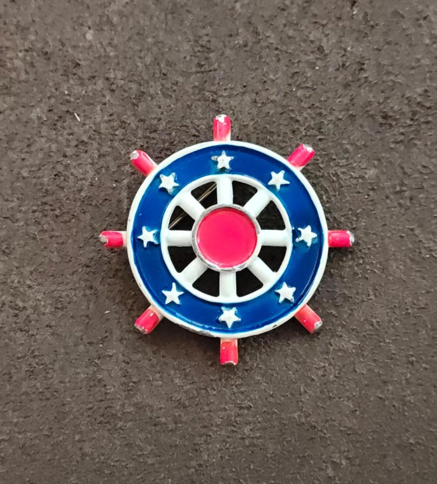 1950s R.N.K. Nautical Red, White and Blue Ship's Wheel Metal Enamel Brooch