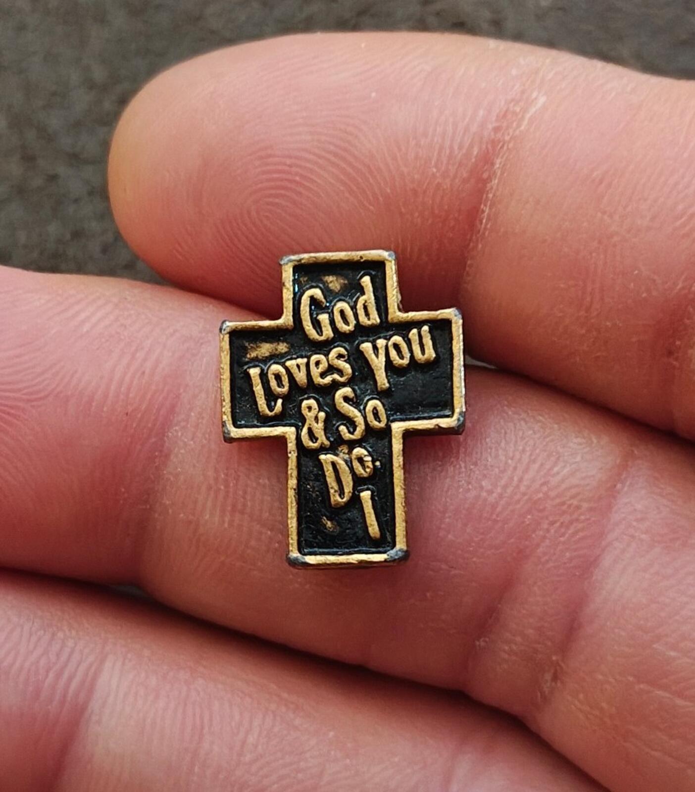 1970s/80s "God Loves You & So Do I" Christian Cross Gold Tone Black Enamel Pin