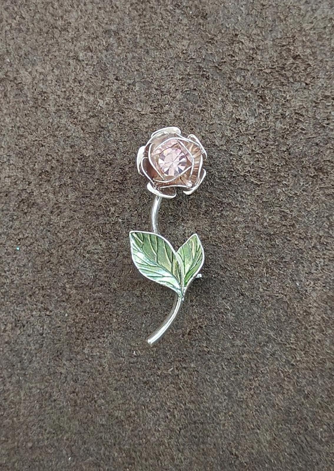 1990s Signed Avon Silver Tone With Green Enamel and Rhinestone Flower Brooch