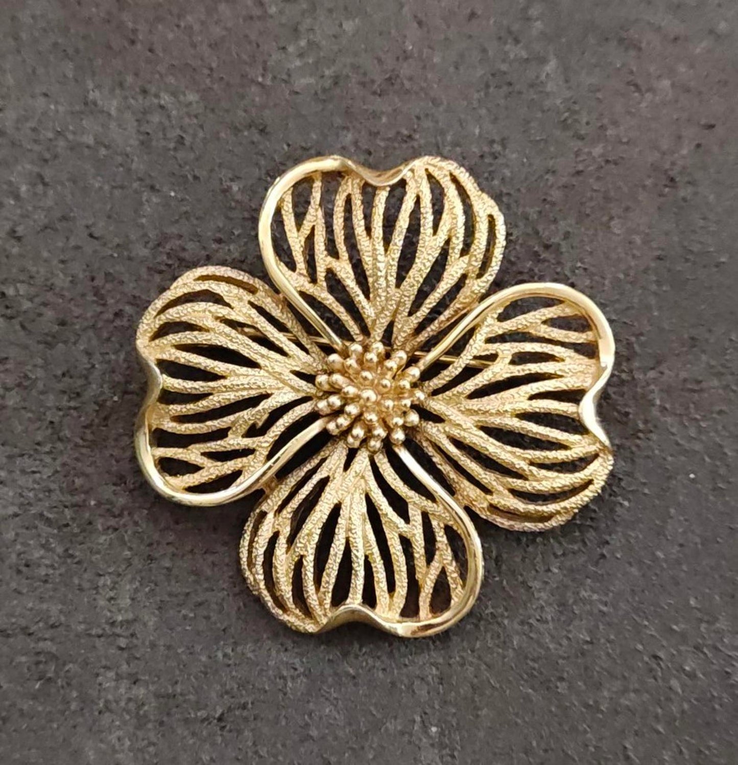 1950s/60s Gold Tone Vintage Textured Crown Trifari Dogwood Flower Brooch