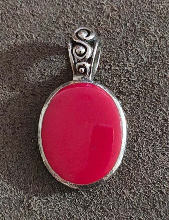 1980s Boho Style Red Stone Silver Tone Pendant.