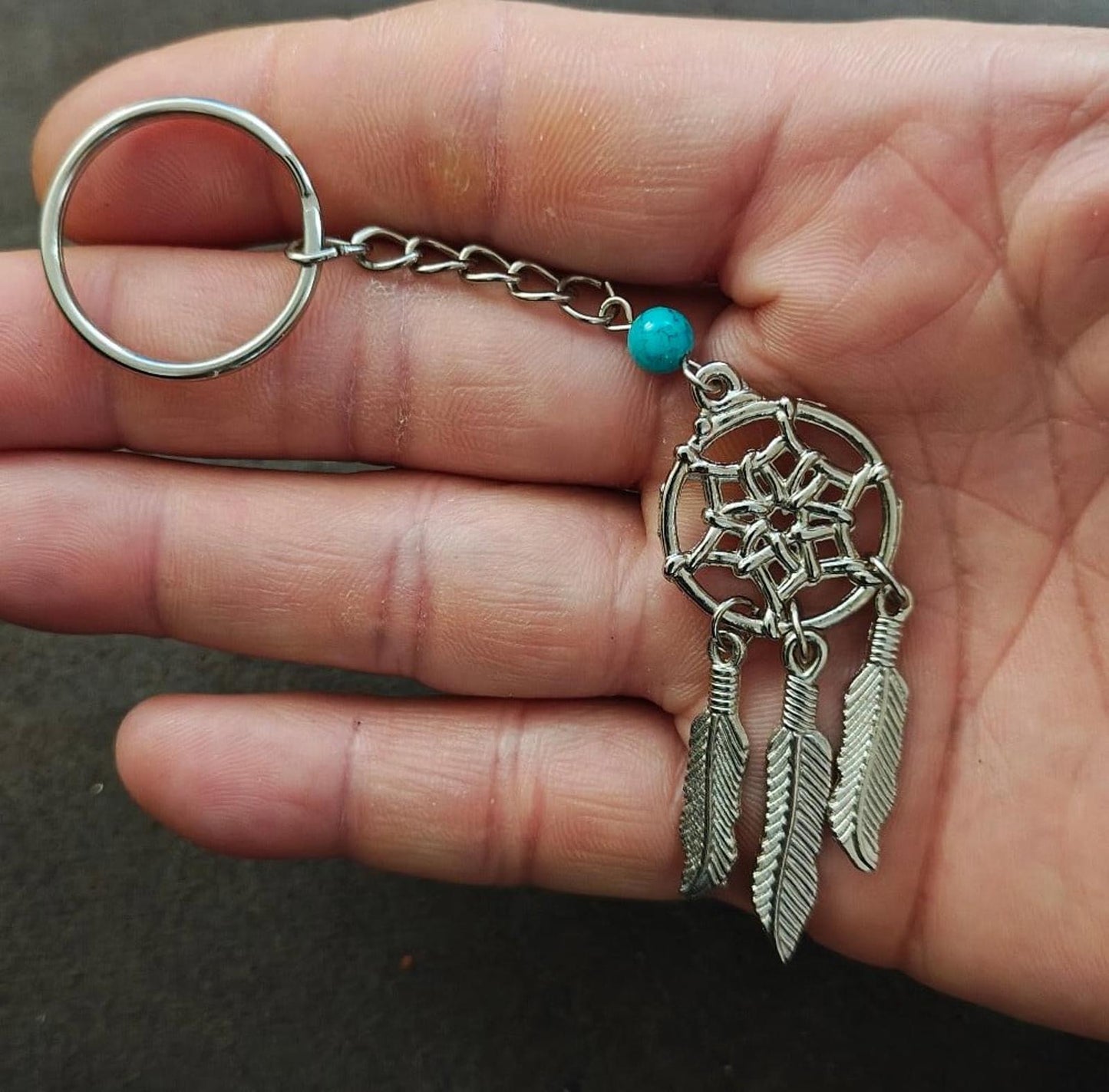 1990s Vintage Silver Tone With Faux Turquoise Bead Dreamcatcher Keychain