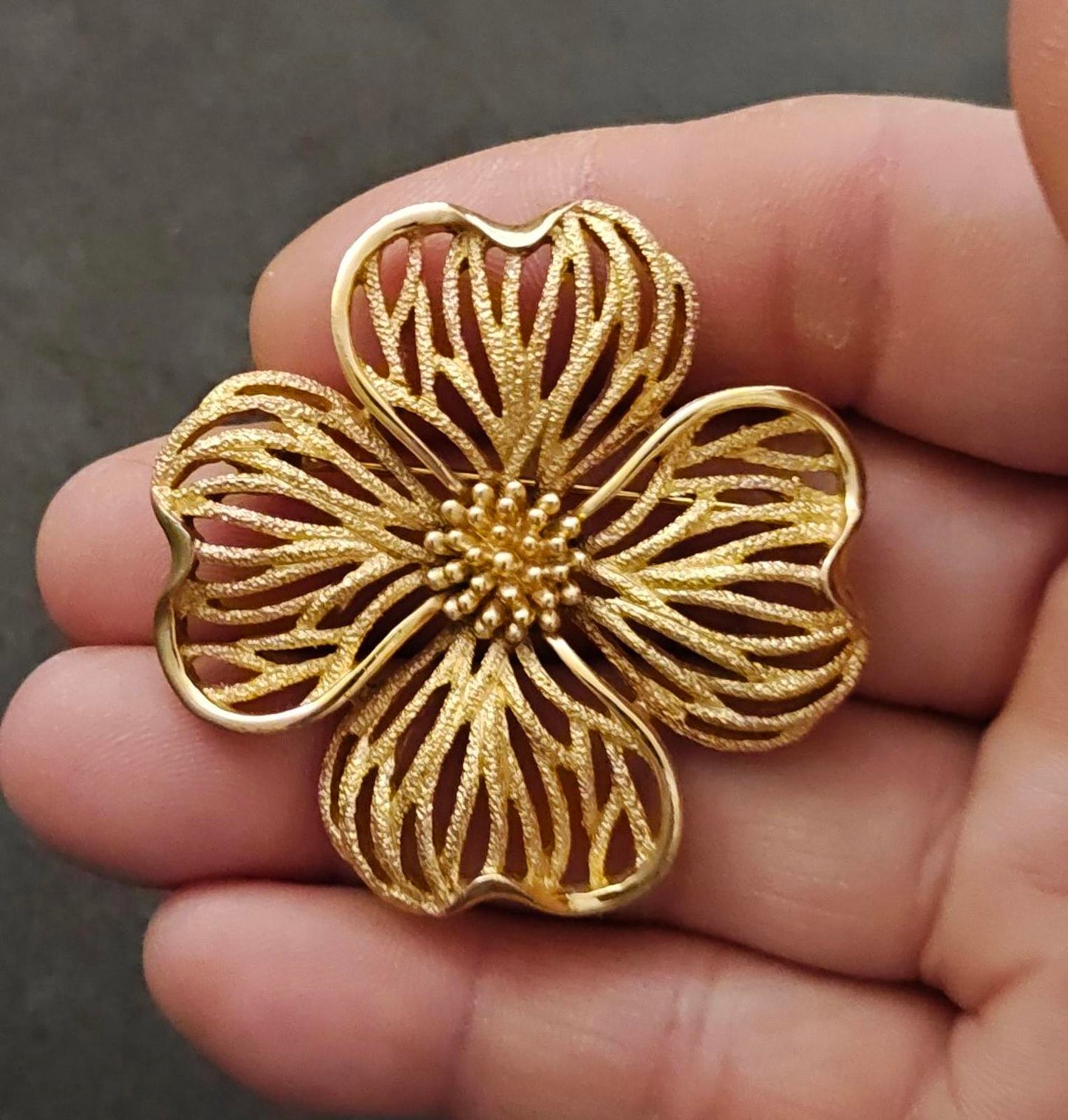1950s/60s Gold Tone Vintage Textured Crown Trifari Dogwood Flower Brooch